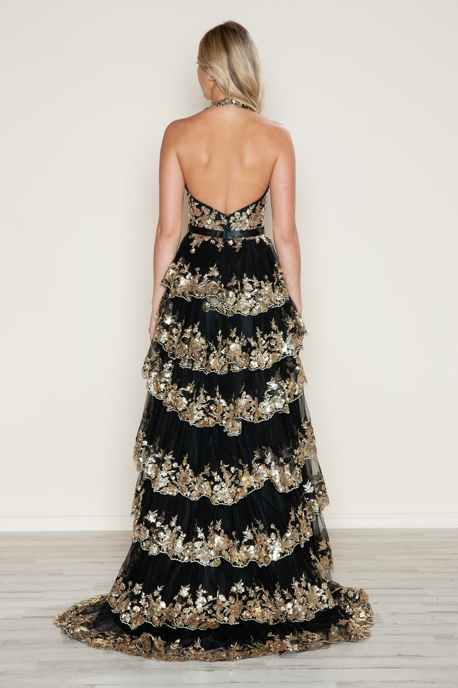 Prom Dresses Long A Line Slit Tiered Layered Formal Prom Dress Black/Gold