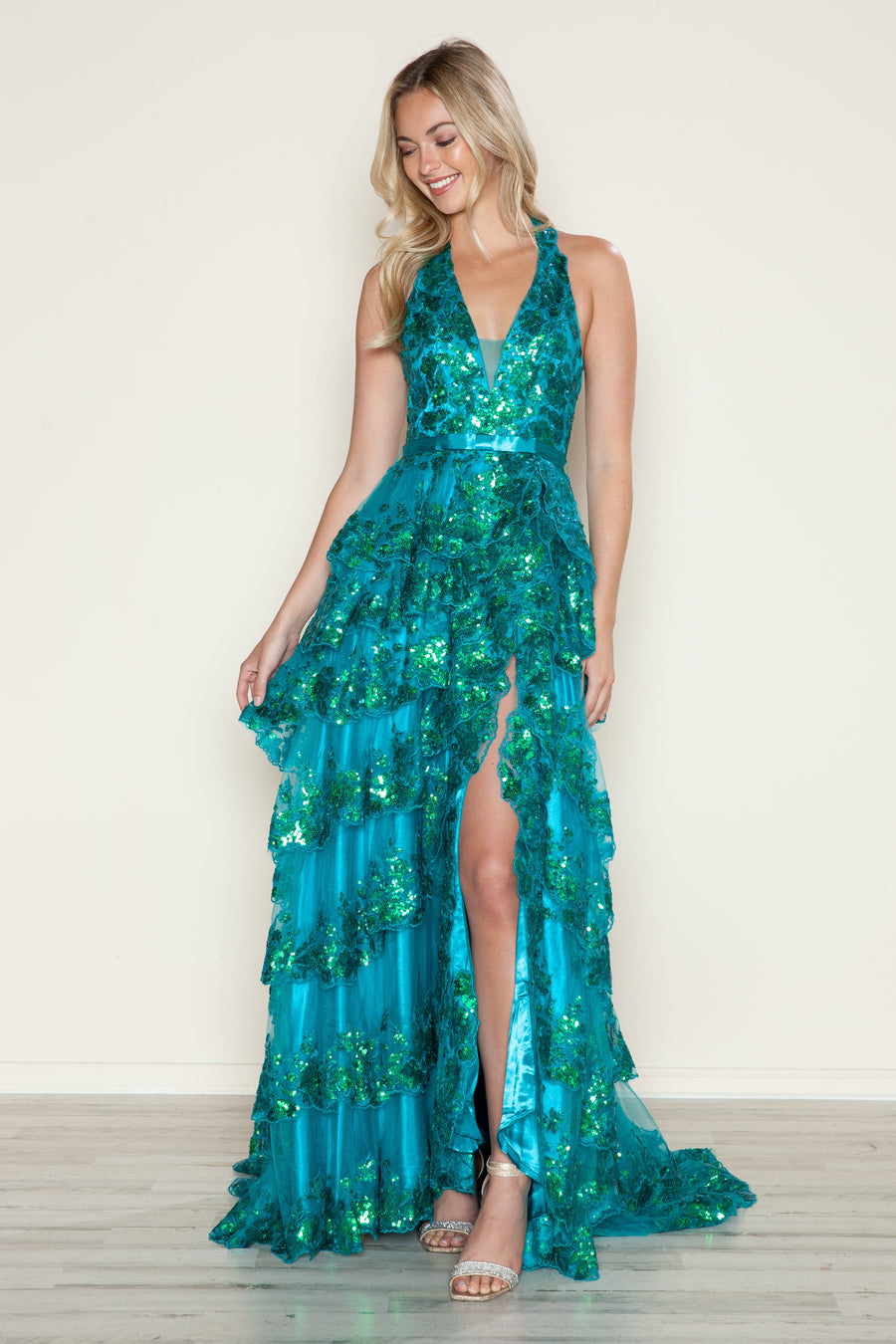 Prom Dresses Long A Line Slit Tiered Layered Formal Prom Dress Teal