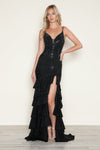 Prom Dresses Fitted Long Formal Tiered Slit Prom Beaded Dress Black
