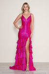 Prom Dresses Fitted Long Formal Tiered Slit Prom Beaded Dress Fuchsia