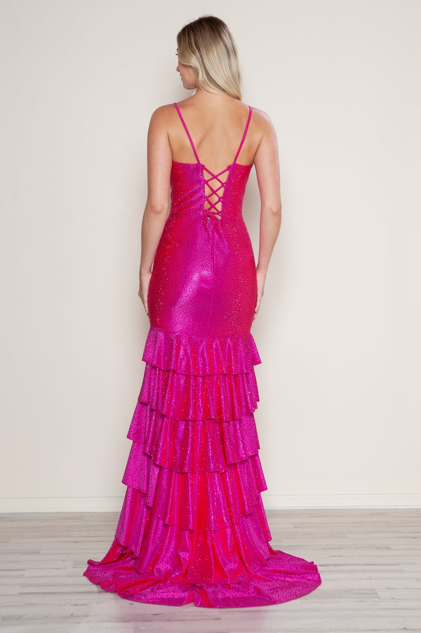 Prom Dresses Fitted Long Formal Tiered Slit Prom Beaded Dress Fuchsia