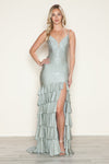 Prom Dresses Fitted Long Formal Tiered Slit Prom Beaded Dress Silver