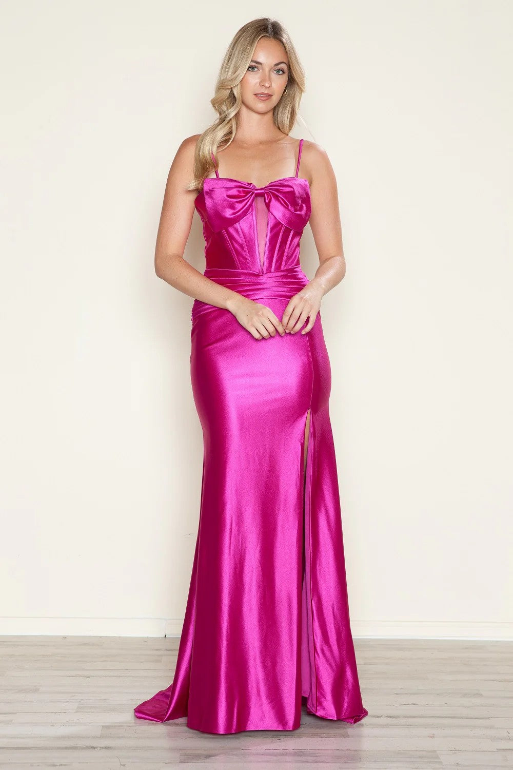 Prom Dresses Pleated Long Formal Fitted Slit Prom Dress Magenta