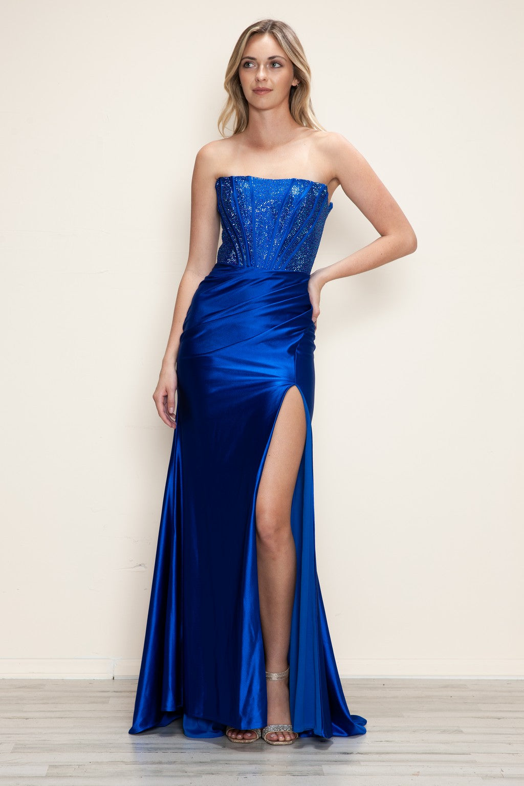 Prom Dresses Long Fitted Slit Formal Beaded Prom Dress Royal