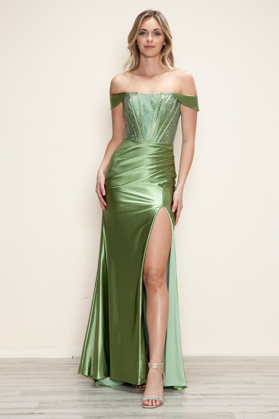 Prom Dresses Long Fitted Slit Formal Beaded Prom Dress Sage