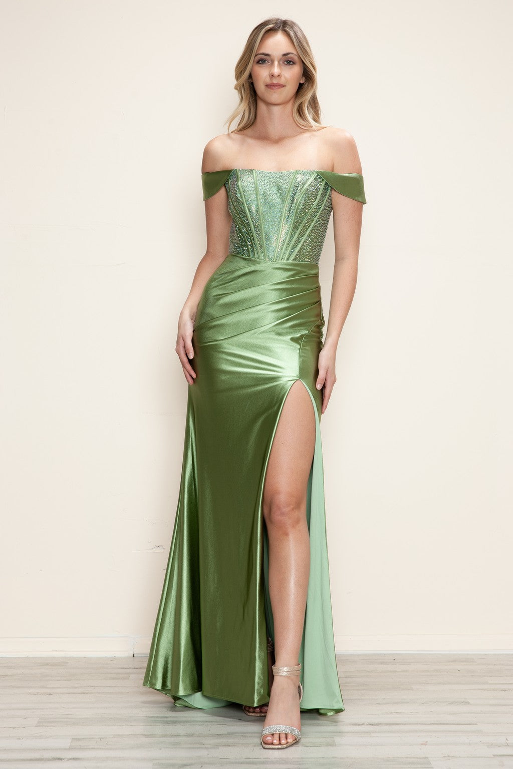 Prom Dresses Long Fitted Slit Formal Beaded Prom Dress Sage