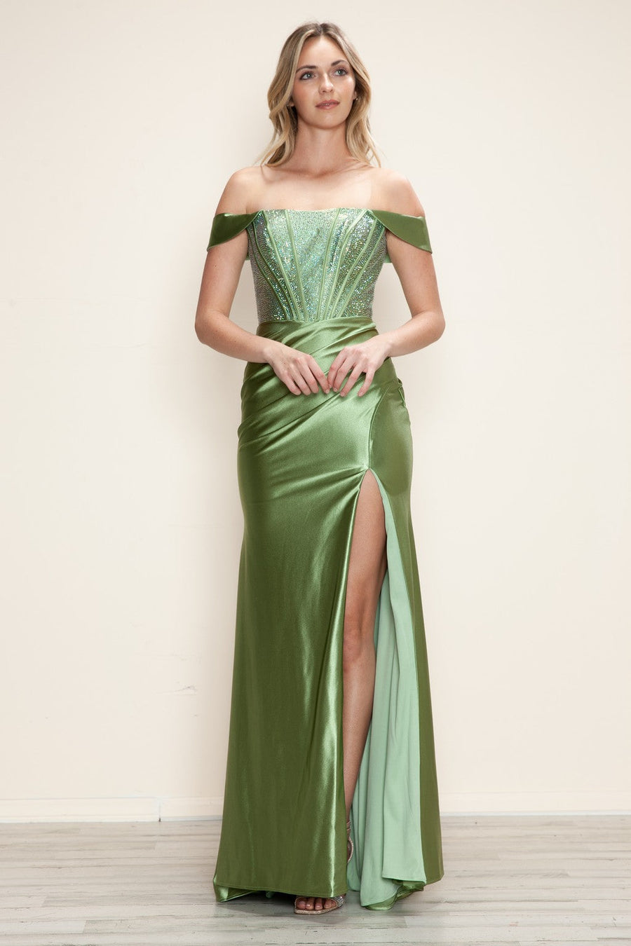Prom Dresses Long Fitted Slit Formal Beaded Prom Dress Sage