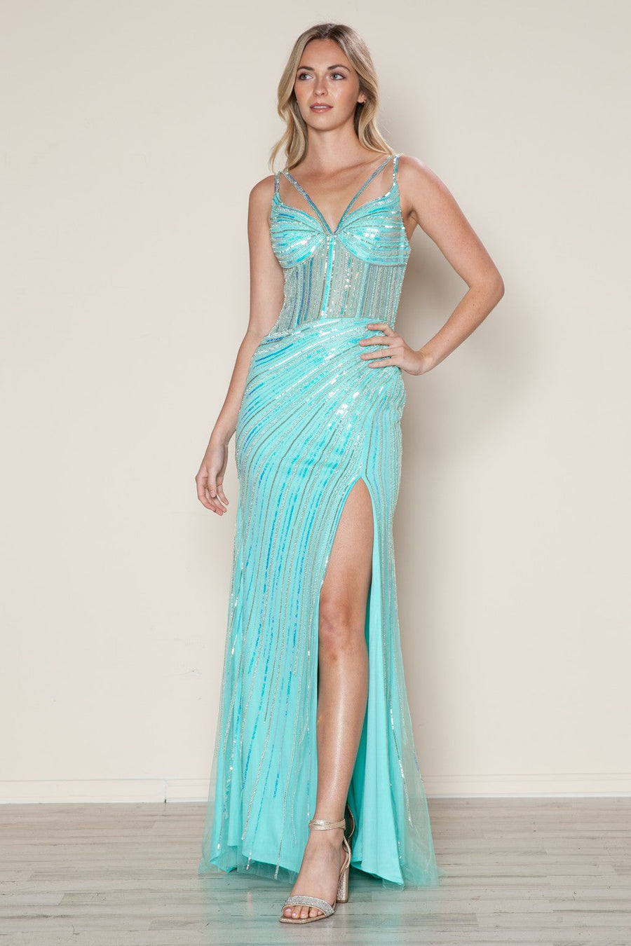 Prom Dresses Sequin Long Formal Fitted Prom Dress Aqua