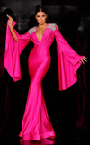 Prom Dresses Long Sleeve Formal Fringe Applique Evening Dress Fuchsia