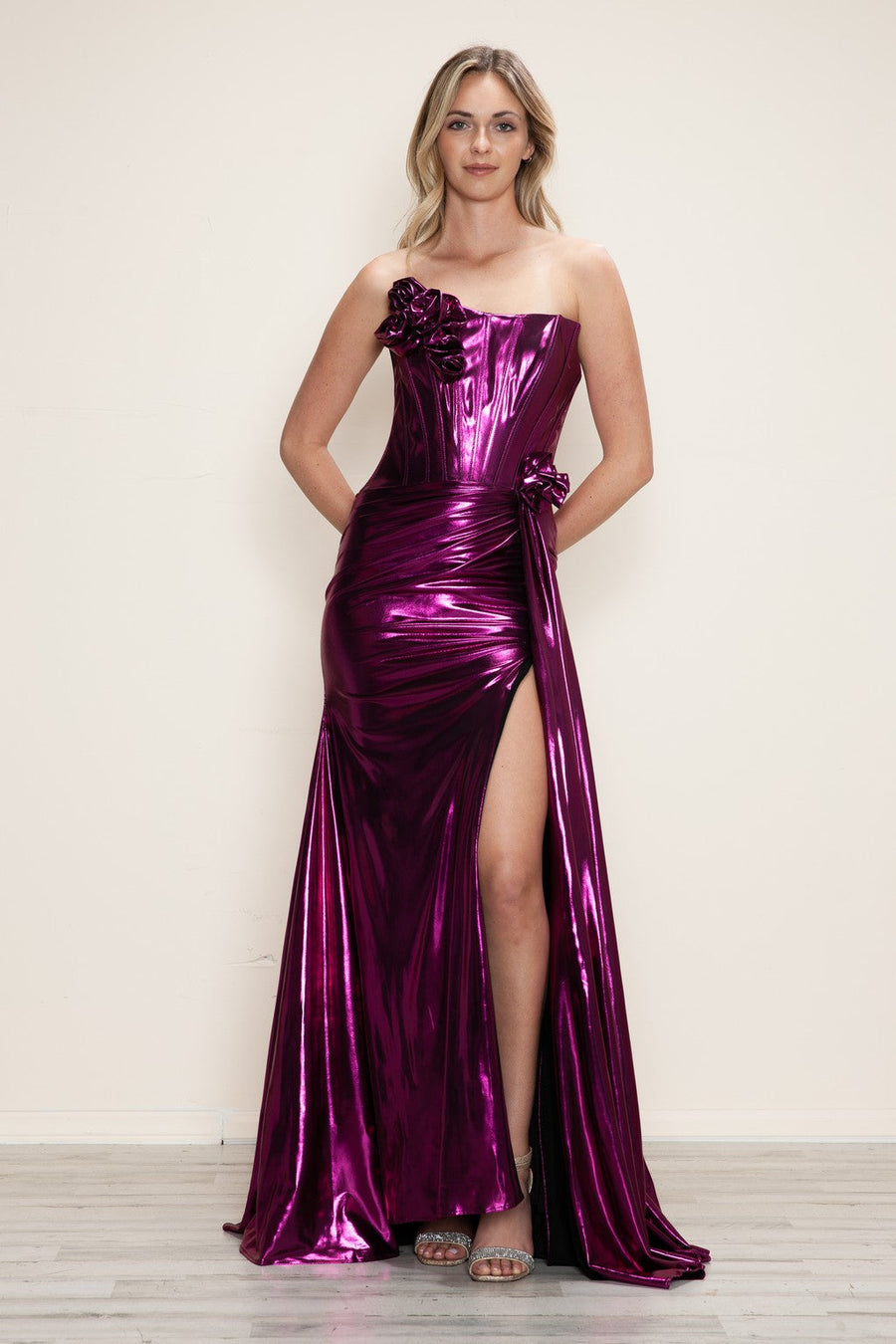 Prom Dresses Fitted Long Slit Formal Prom Metallic Dress Magenta