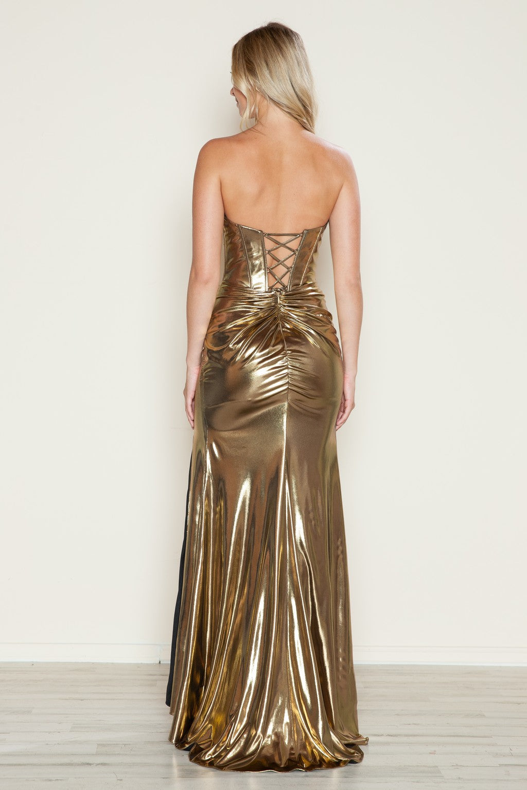 Prom Dresses Metallic Prom Long Fitted Slit Formal Dress Gold