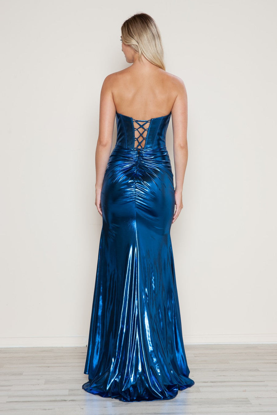 Prom Dresses Metallic Prom Long Fitted Slit Formal Dress Peacock