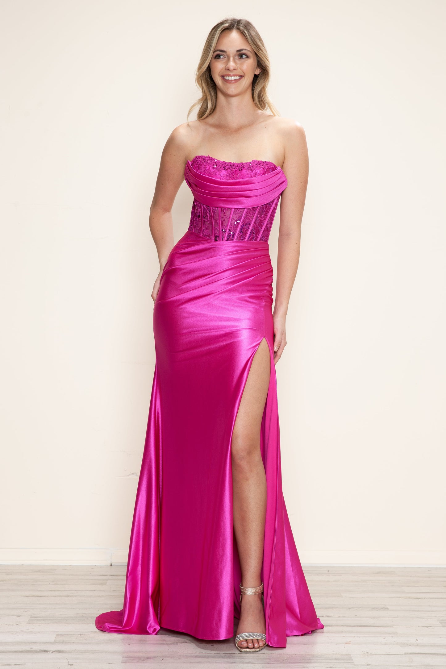 Prom Dresses Fitted Long Slit Lace Formal Prom Dress Fuchsia