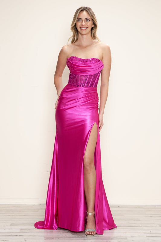 Prom Dresses Fitted Long Slit Lace Formal Prom Dress Fuchsia