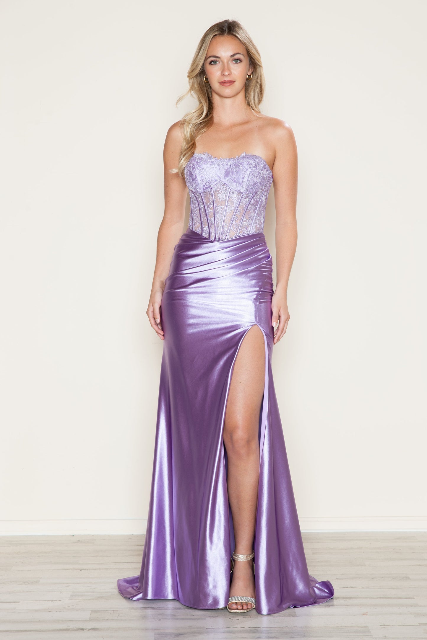 Prom Dresses Fitted Long Slit Lace Formal Prom Dress Lavender