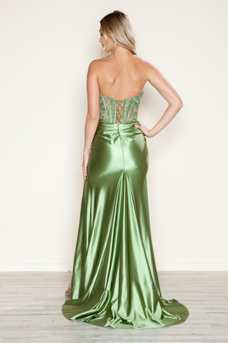 Prom Dresses Fitted Long Slit Lace Formal Prom Dress Sage