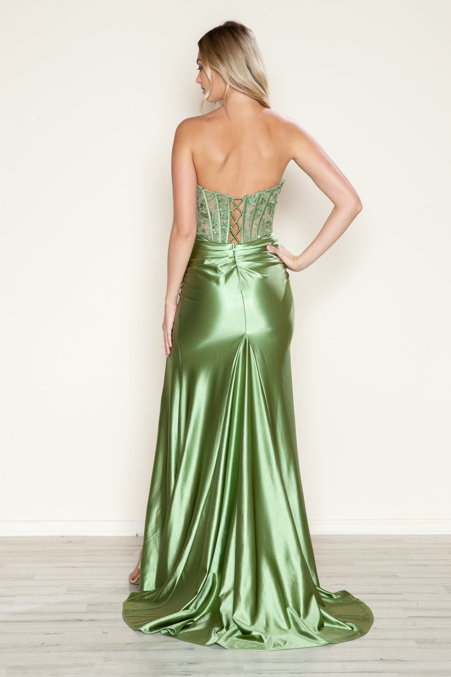 Prom Dresses Fitted Long Slit Lace Formal Prom Dress Sage