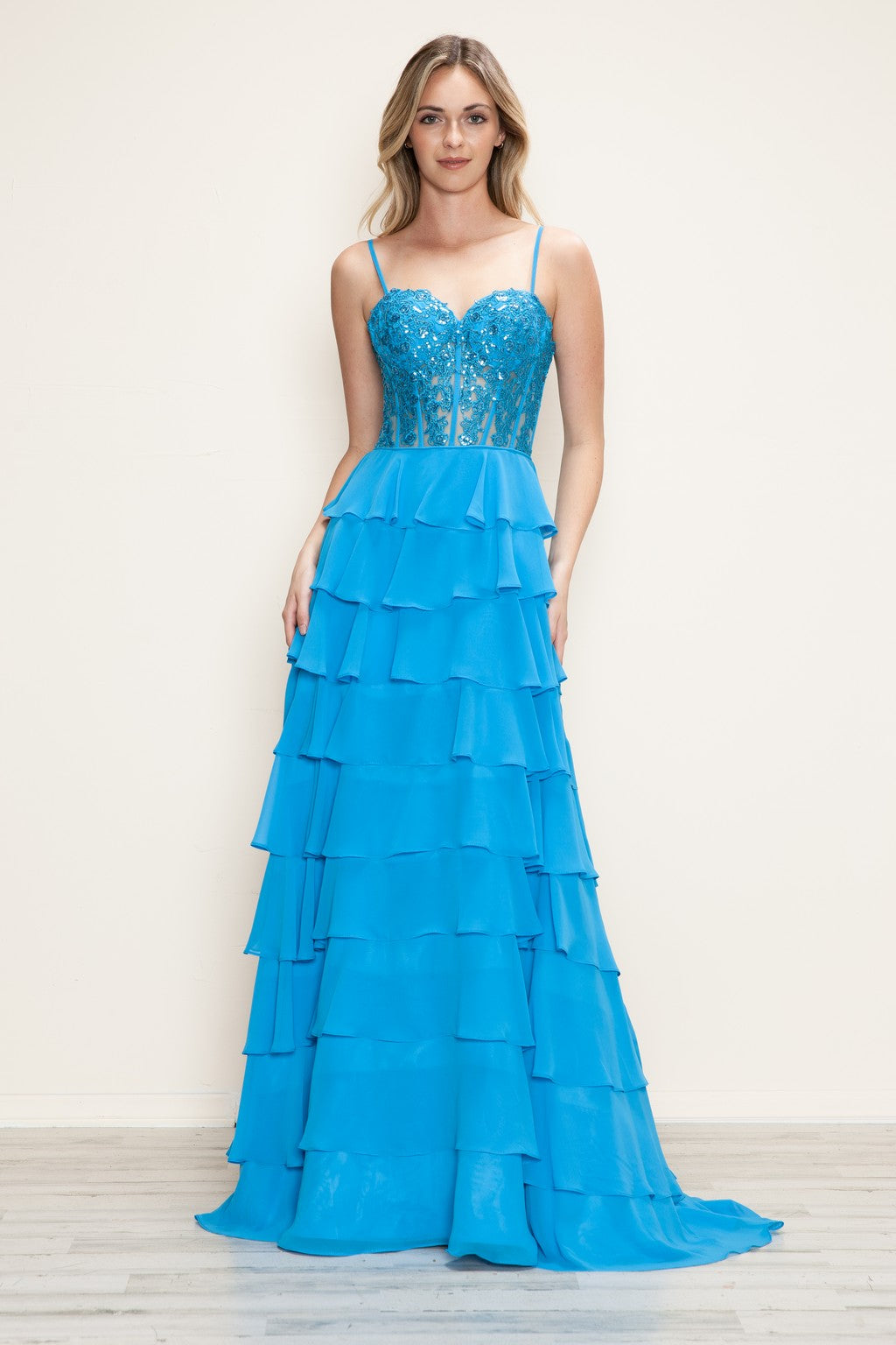 Prom Dresses Long Formal A Line Tiered Applique Prom Dress Blue