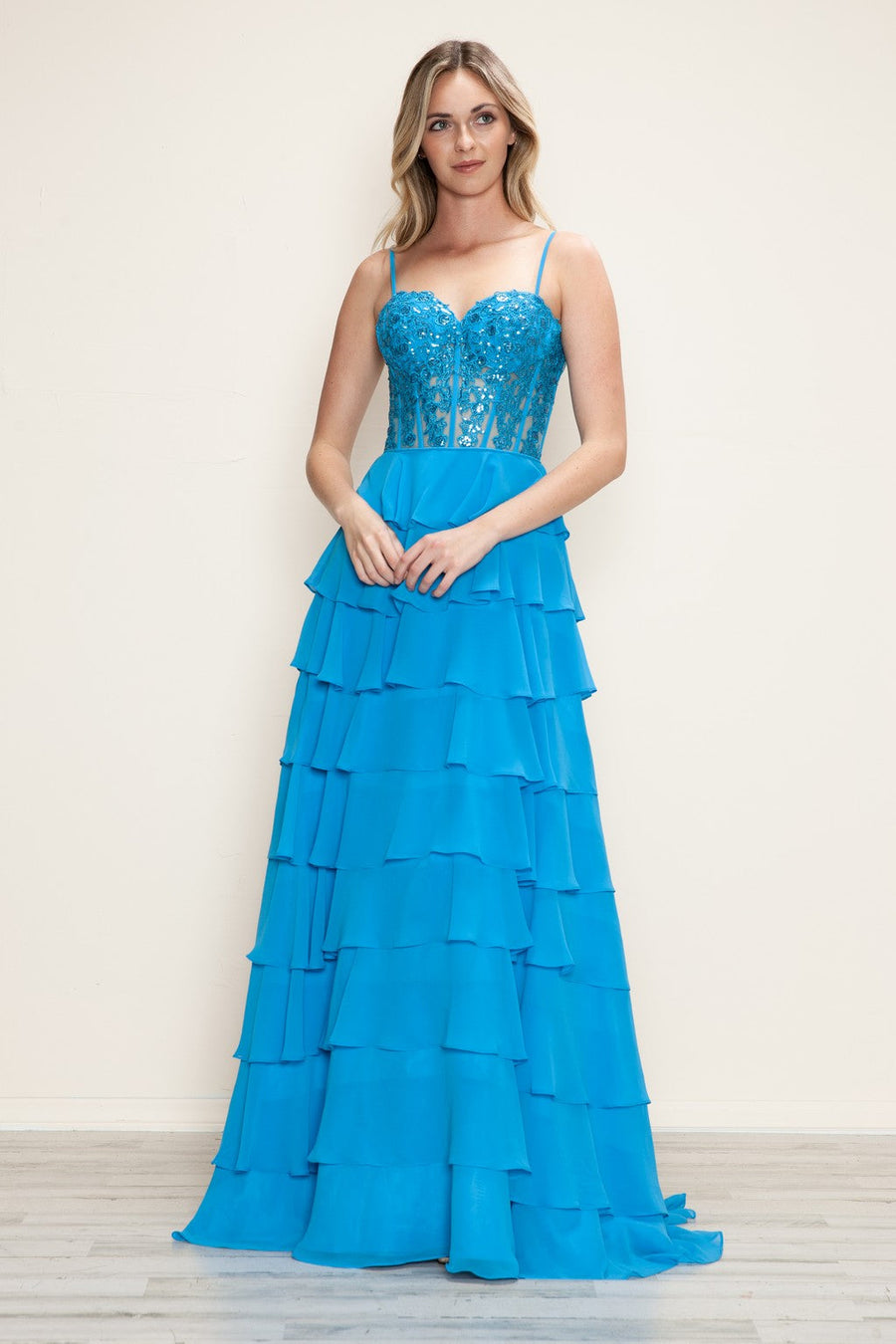 Prom Dresses Long Formal A Line Tiered Applique Prom Dress Blue