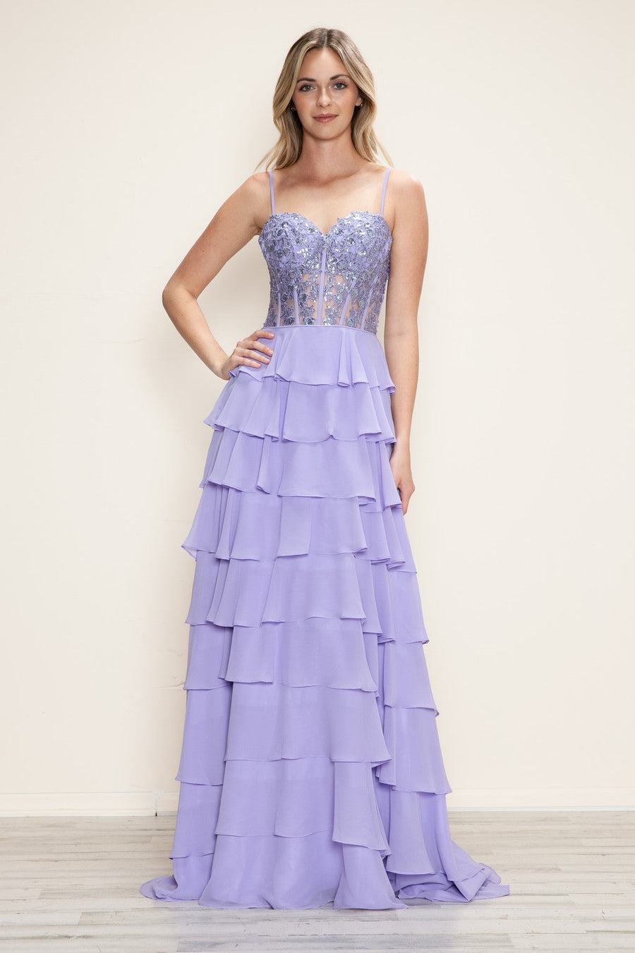 Prom Dresses Long Formal A Line Tiered Applique Prom Dress Lavender