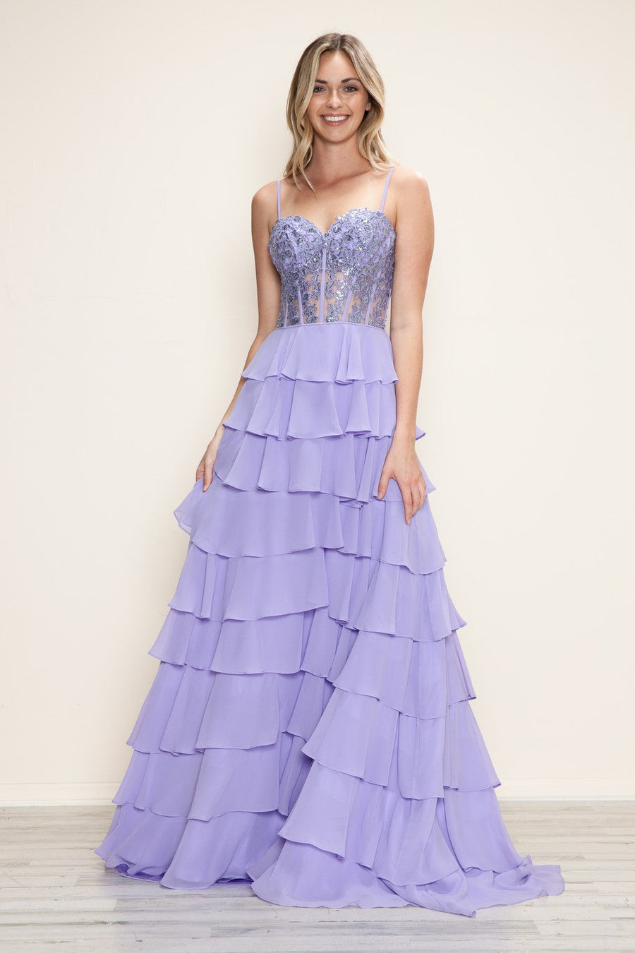 Prom Dresses Long Formal A Line Tiered Applique Prom Dress Lavender