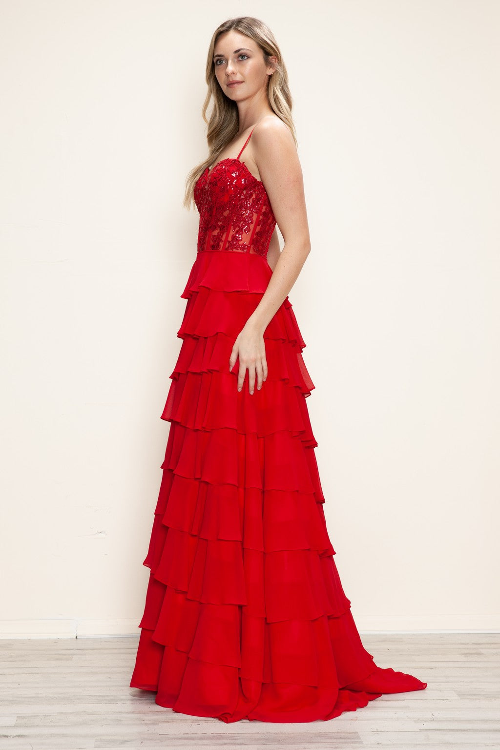 Prom Dresses Long Formal A Line Tiered Applique Prom Dress Red