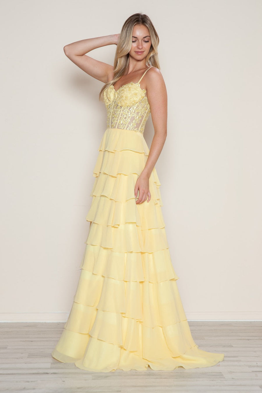 Prom Dresses Long Formal A Line Tiered Applique Prom Dress Yellow