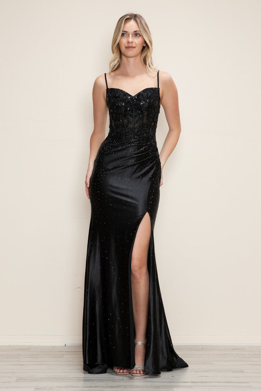 Prom Dresses Long Fitted Formal Applique Slit Prom Dress Black