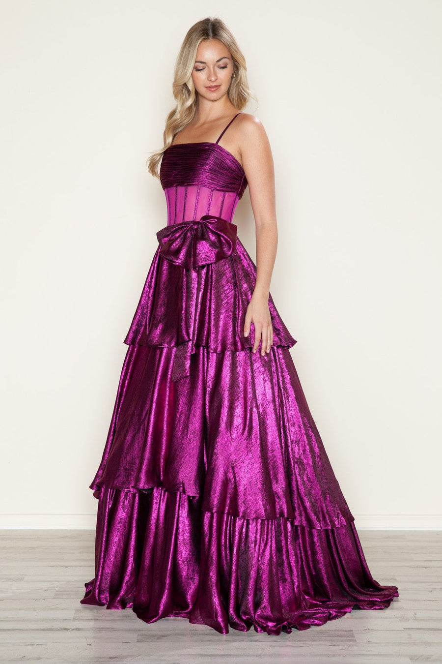 Prom Dresses Metallic Long Formal Tiered Prom Dress Magenta