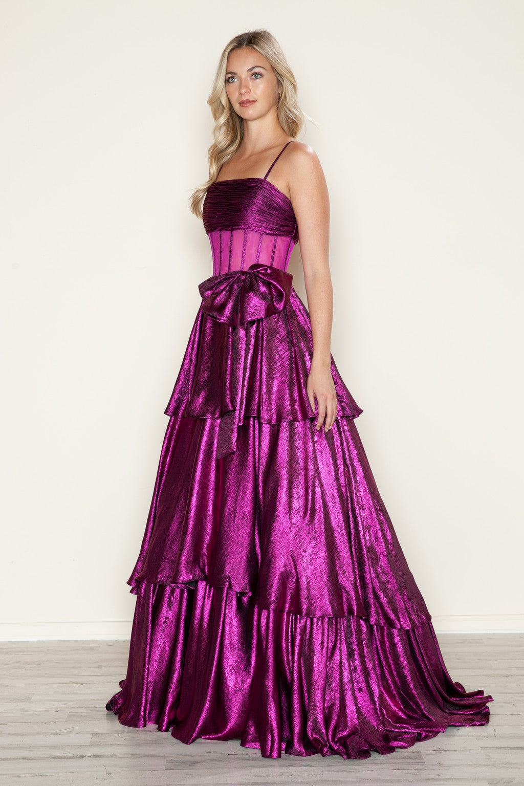 Prom Dresses Metallic Long Formal Tiered Prom Dress Magenta