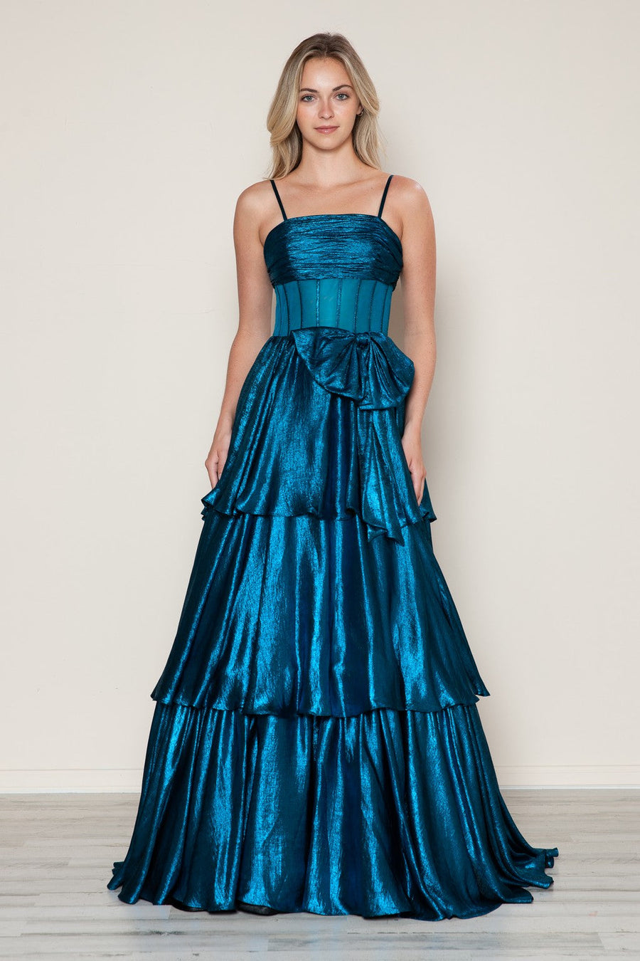 Prom Dresses Metallic Long Formal Tiered Prom Dress Peacock