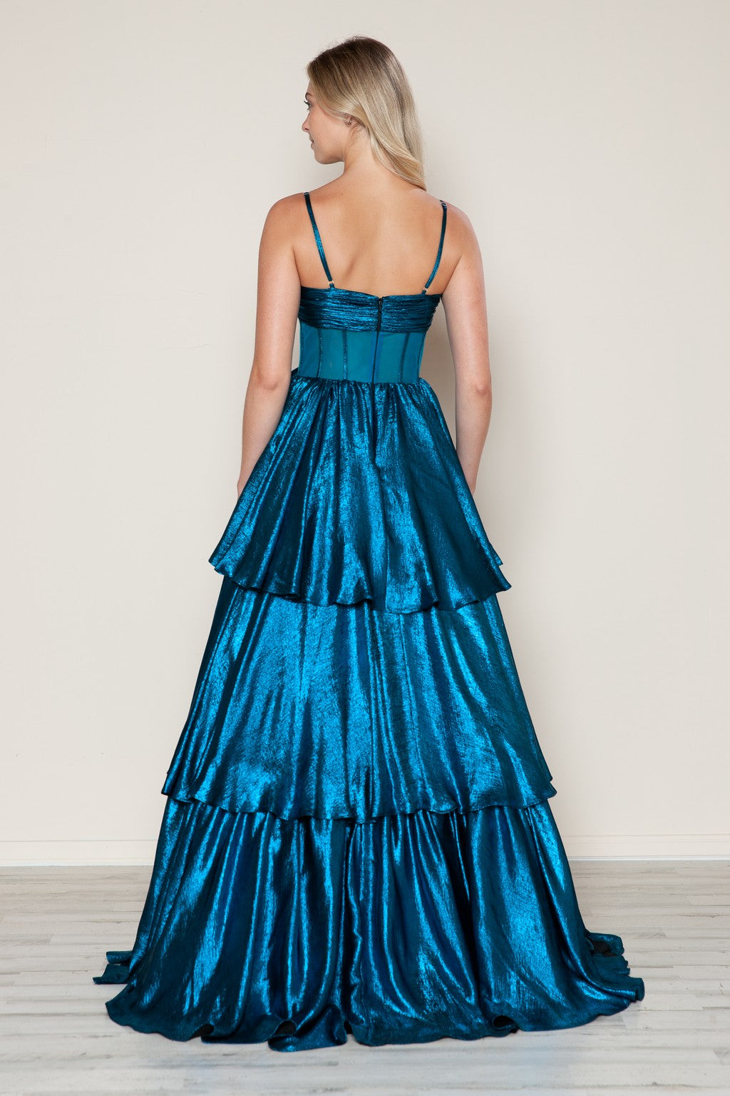 Prom Dresses Metallic Long Formal Tiered Prom Dress Peacock