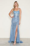 Prom Dresses Beaded Long Formal Slit Sequin Prom Dress Blue