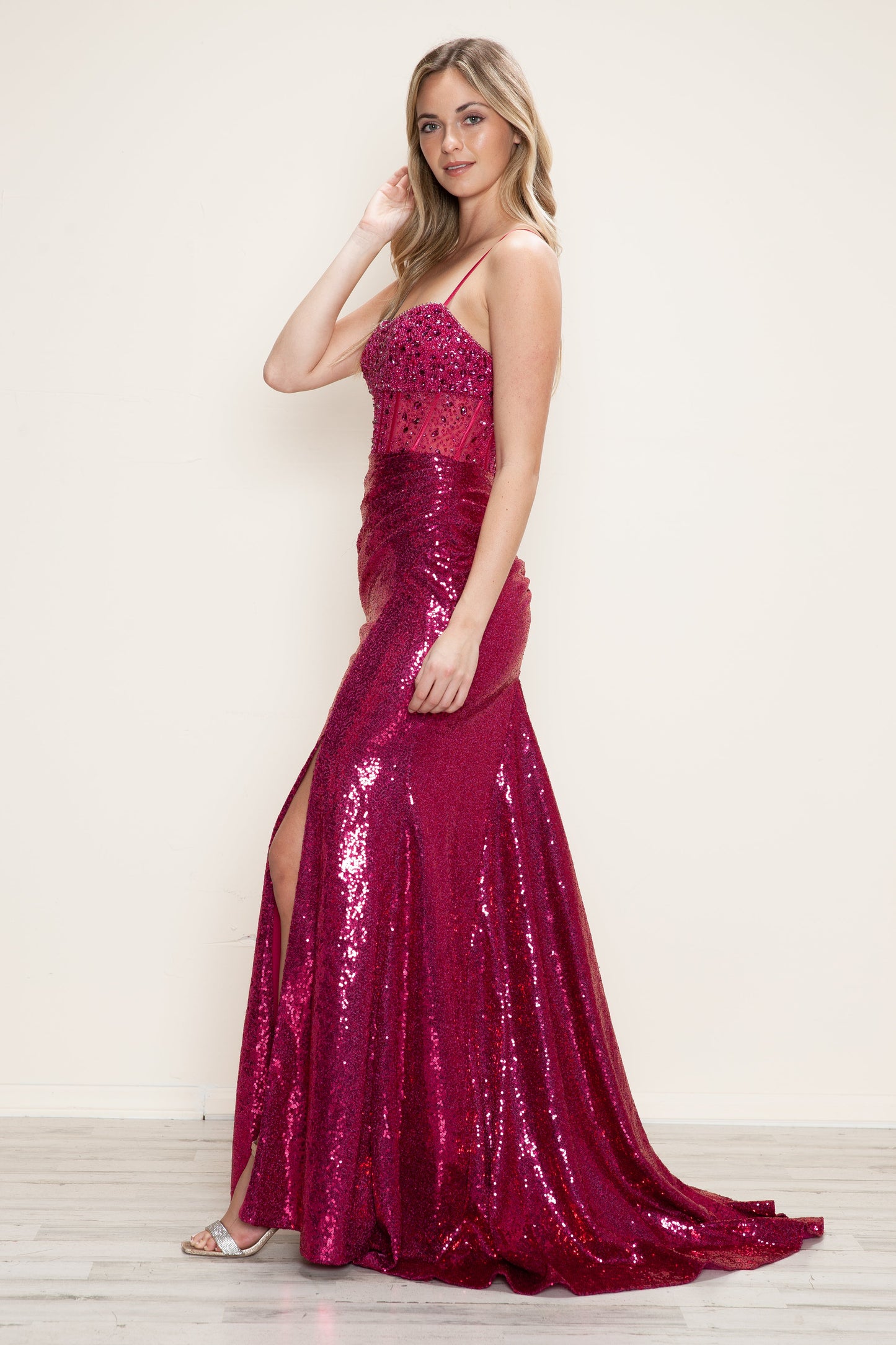 Prom Dresses Beaded Long Formal Slit Sequin Prom Dress Fuchsia