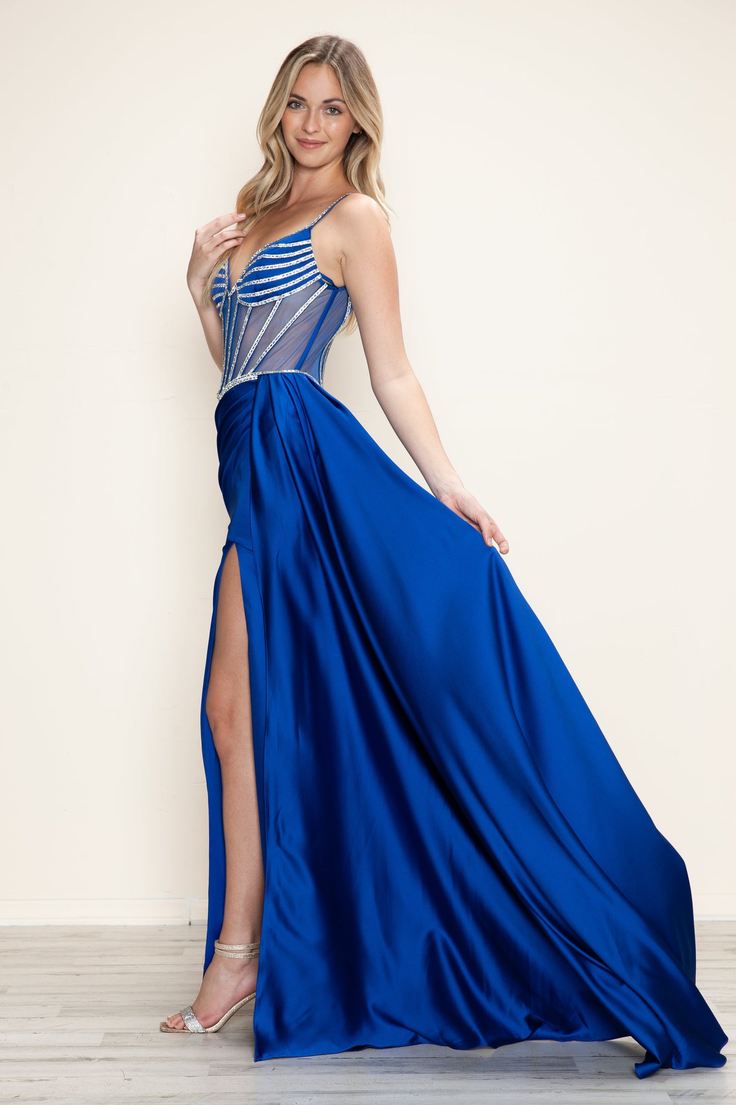 Prom Dresses Long Prom Beaded Slit Formal Fitted Dress Royal