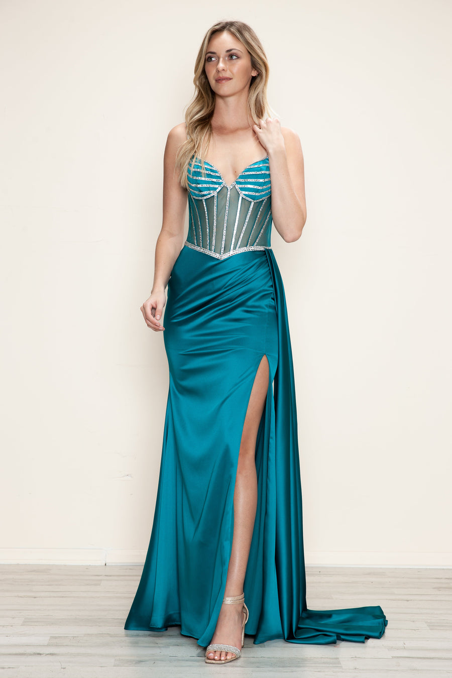 Prom Dresses Long Prom Beaded Slit Formal Fitted Dress Teal