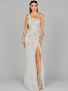 Prom Dresses Fitted Slit Long Formal Beaded Prom Dress Silver