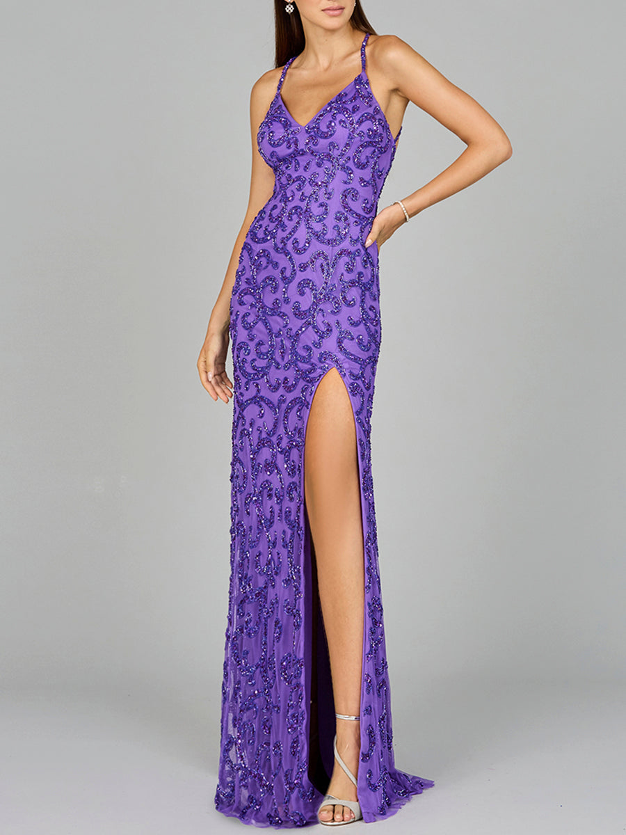 Prom Dresses Prom Fitted Slit Formal Beaded Evening Dress Purple