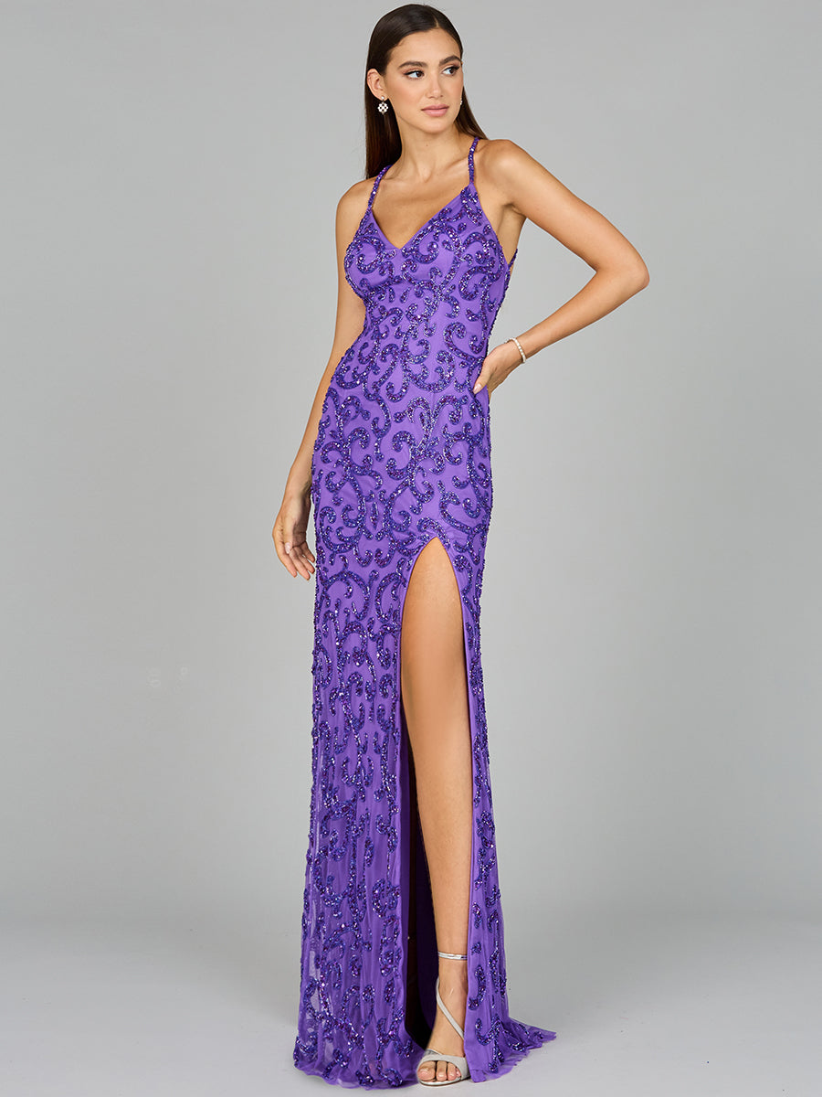 Prom Dresses Prom Fitted Slit Formal Beaded Evening Dress Purple