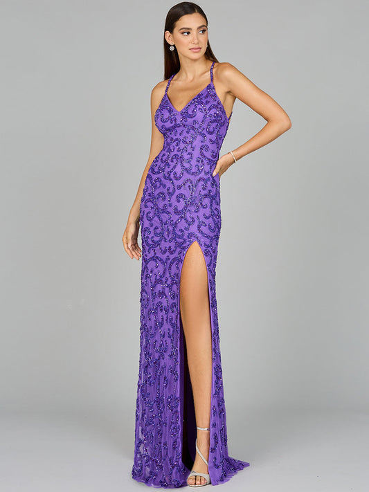 Prom Dresses Prom Fitted Slit Formal Beaded Evening Dress Purple