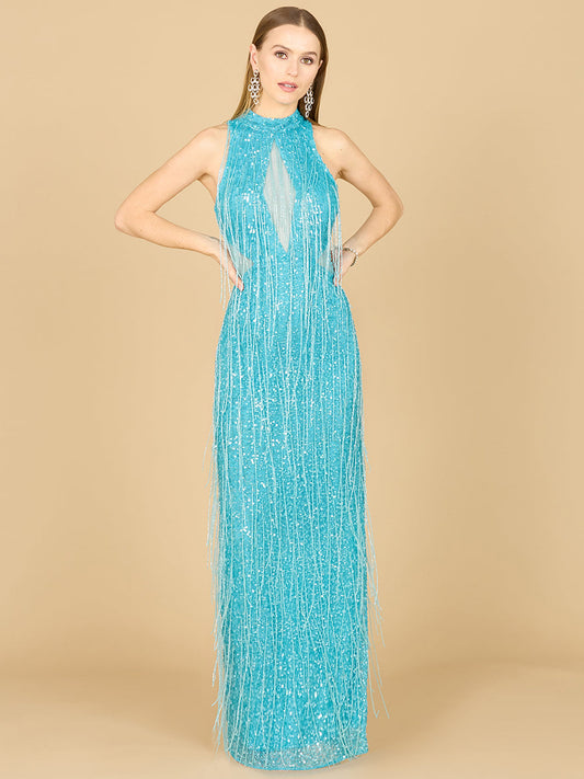 Prom Dresses Beaded Long Evening Fringe Formal Dress Aqua