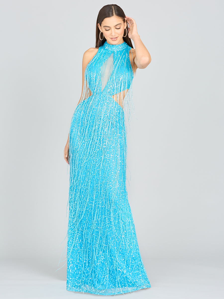 Prom Dresses Beaded Long Evening Fringe Formal Dress Aqua