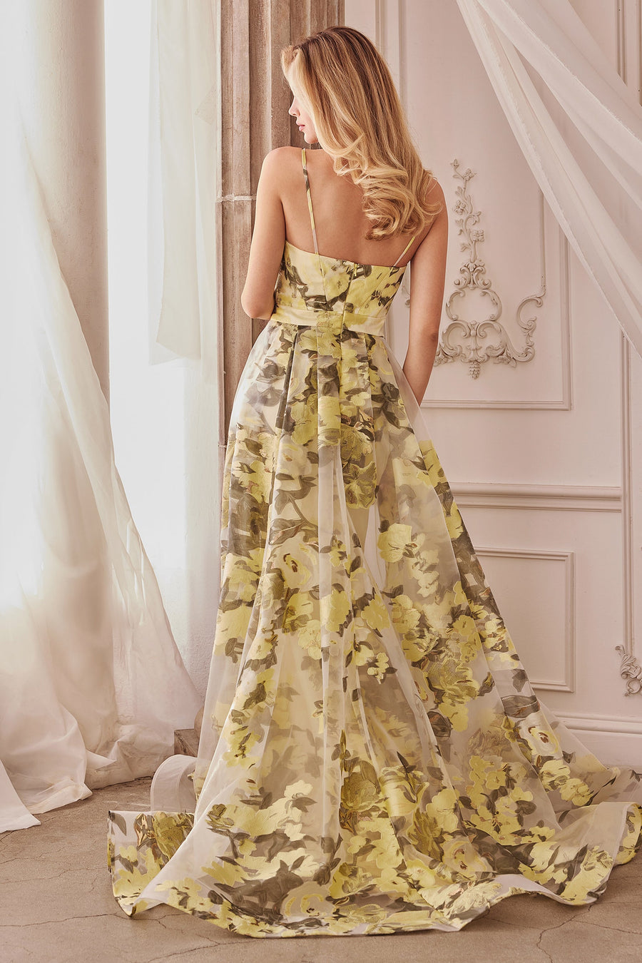 Andrea & Leo A0770 Spaghetti Strap with Organza Print Prom Dress Lemon