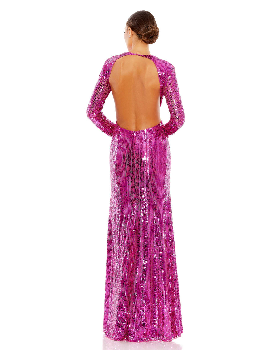 Formal Dresses Long Sleeve Sequin Open Back Formal Prom Dress Fuchsia