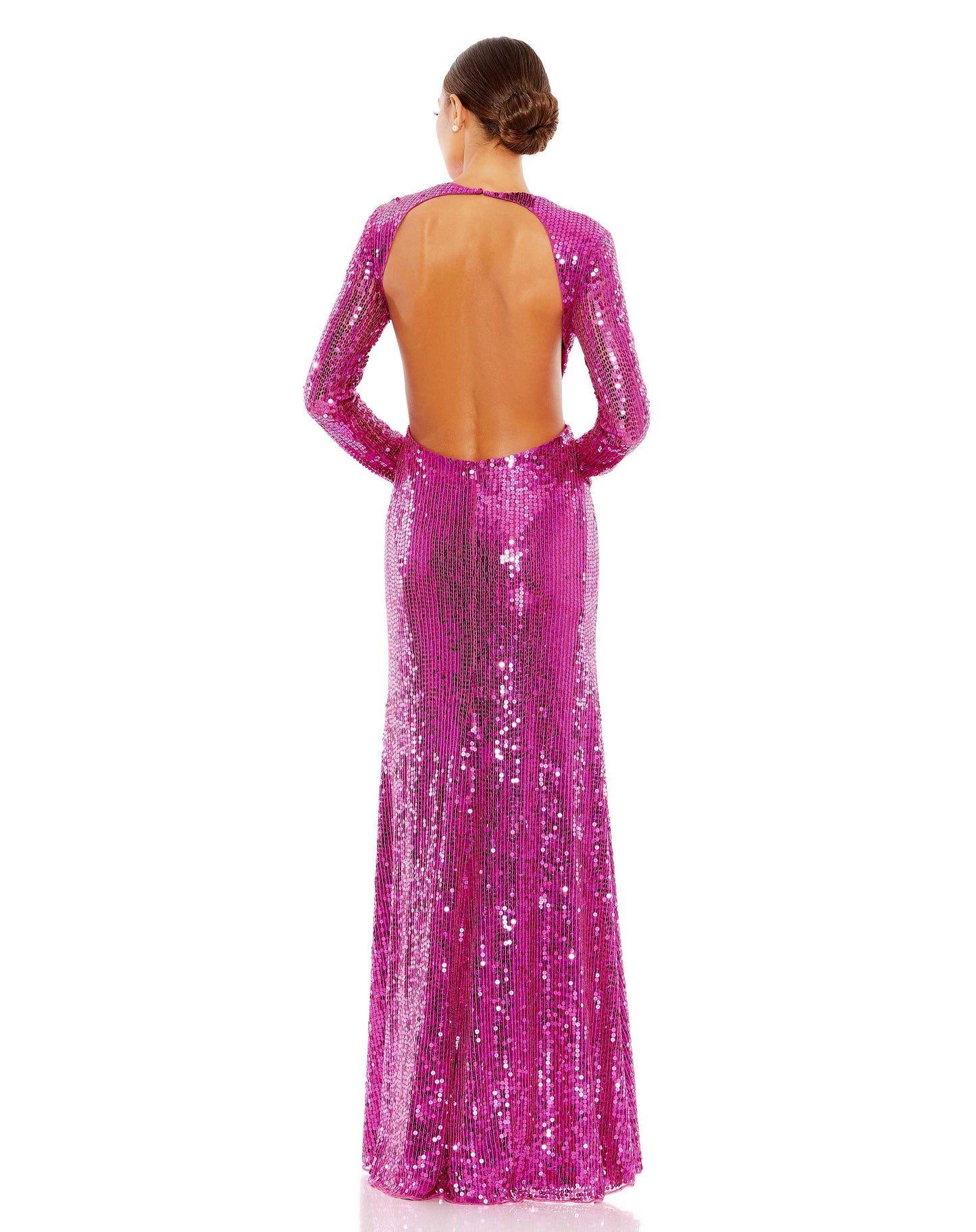 Formal Dresses Long Sleeve Sequin Open Back Formal Prom Dress Fuchsia