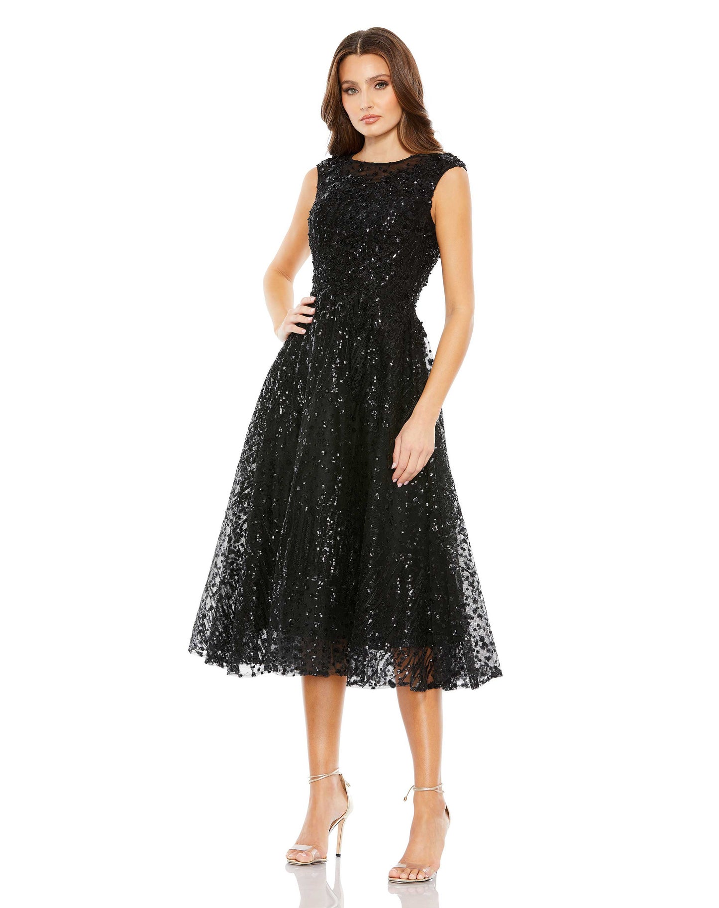 Cocktail Dresses Sequins Fit and Flare Midi Dress Black