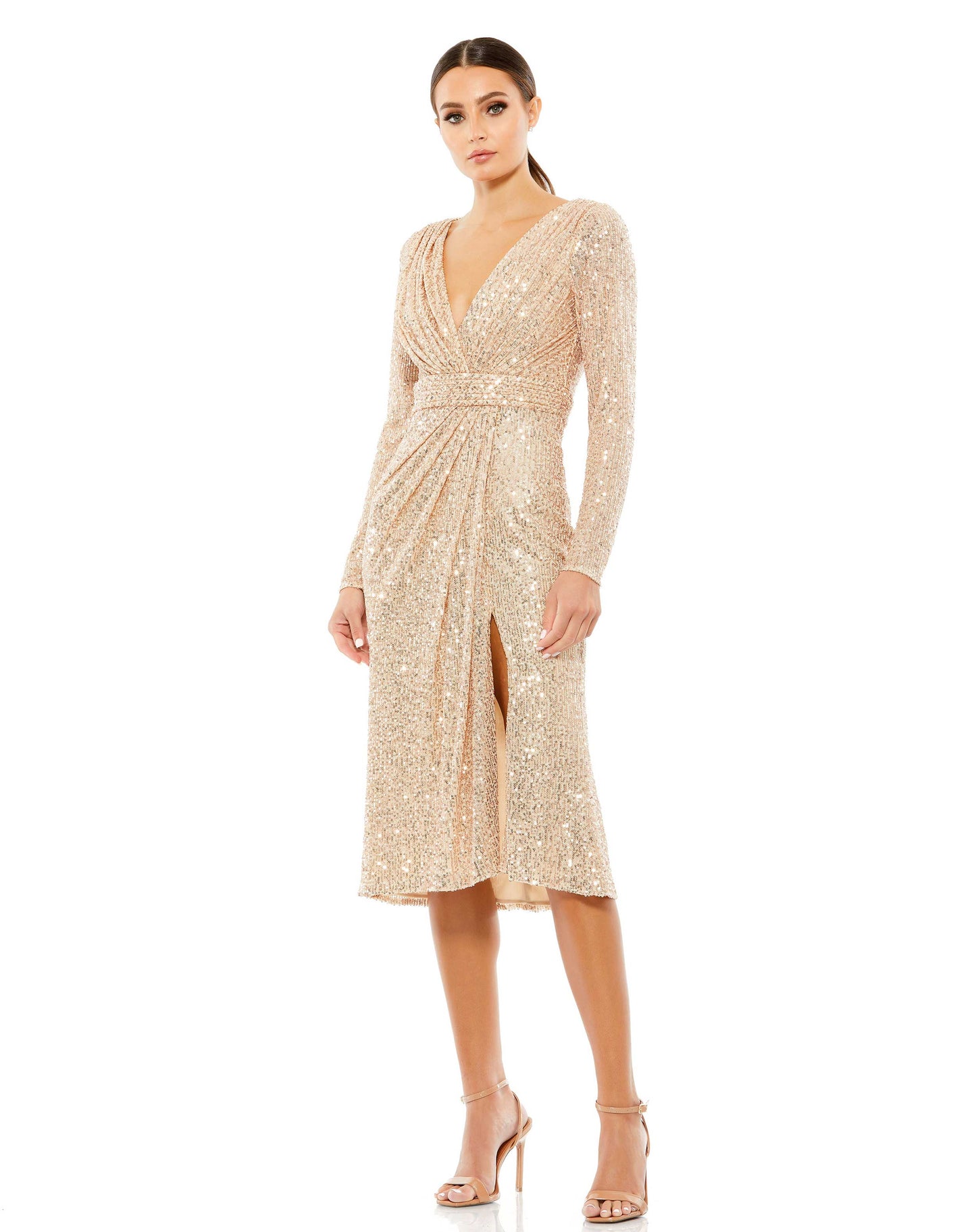 Cocktail Dresses Sequins Long Sleeve Midi Dress Rose Gold