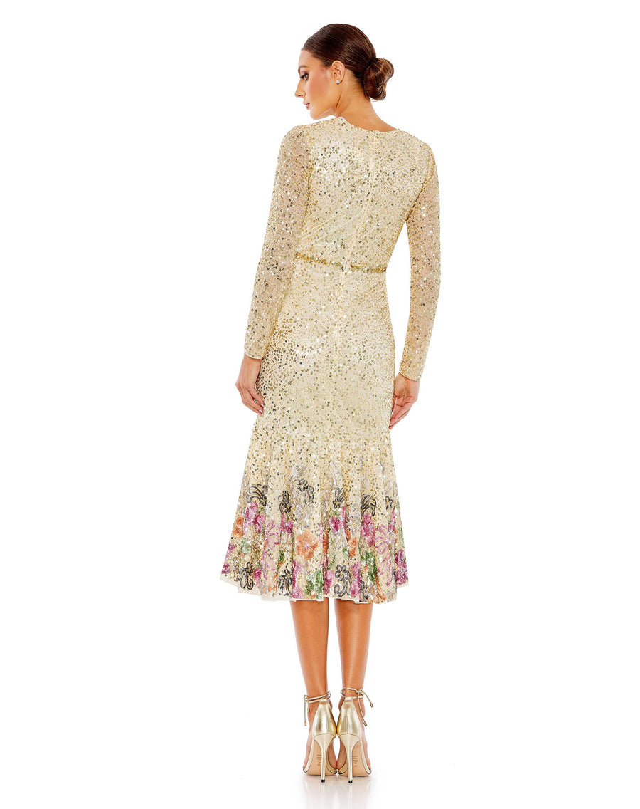 Formal Dresses Beaded Long Sleeve Tea Length Dress Gold Multi