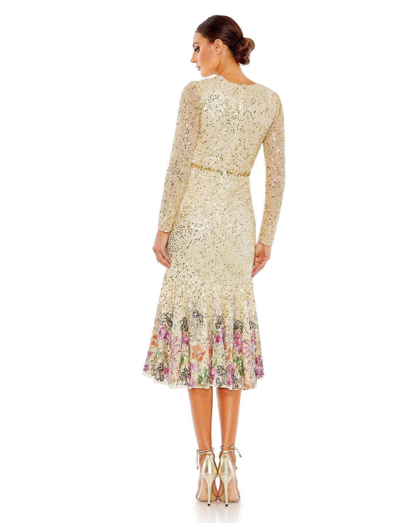 Formal Dresses Beaded Long Sleeve Tea Length Dress Gold Multi