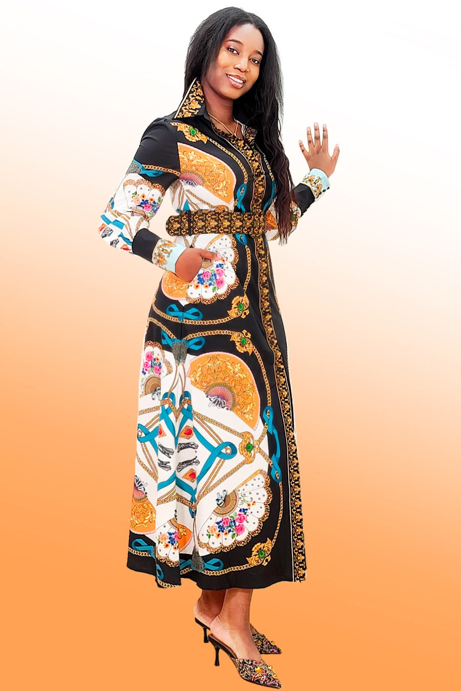 Formal Dresses Long Sleeve Fan Print Pockets Dress Black